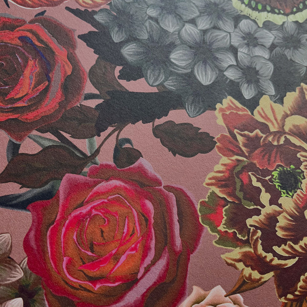Dusky Pink Heavy Floral Vintage Style Wallpaper by Designer, Becca Who