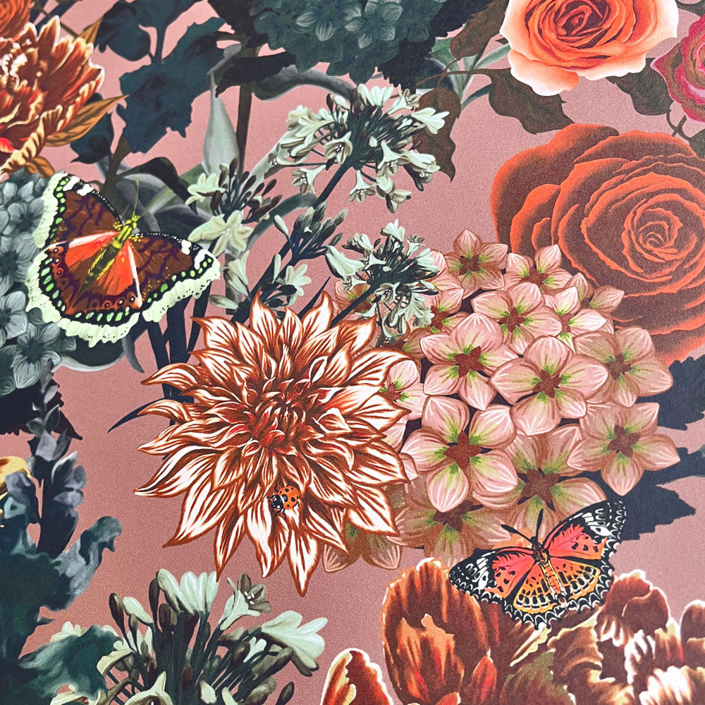 Blush Pink Heavy Floral Vintage Style Wallpaper by UK Designer, Becca Who