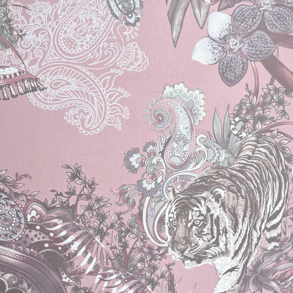 Luxury Patterned Wallcovering in Blush Pink for Bedroom Interiors featuring Indian wildlife 