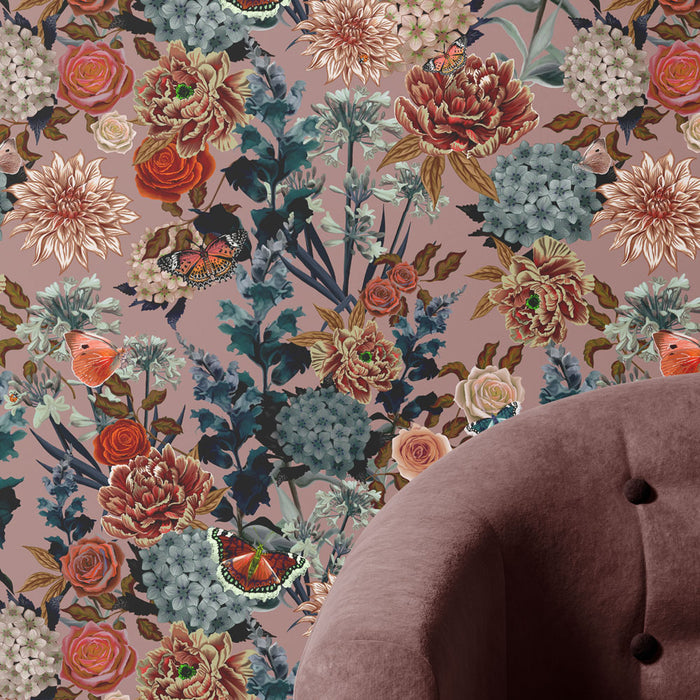 Dusky Blush Pink Heavy Floral Wallpaper by Designer, Becca Who
