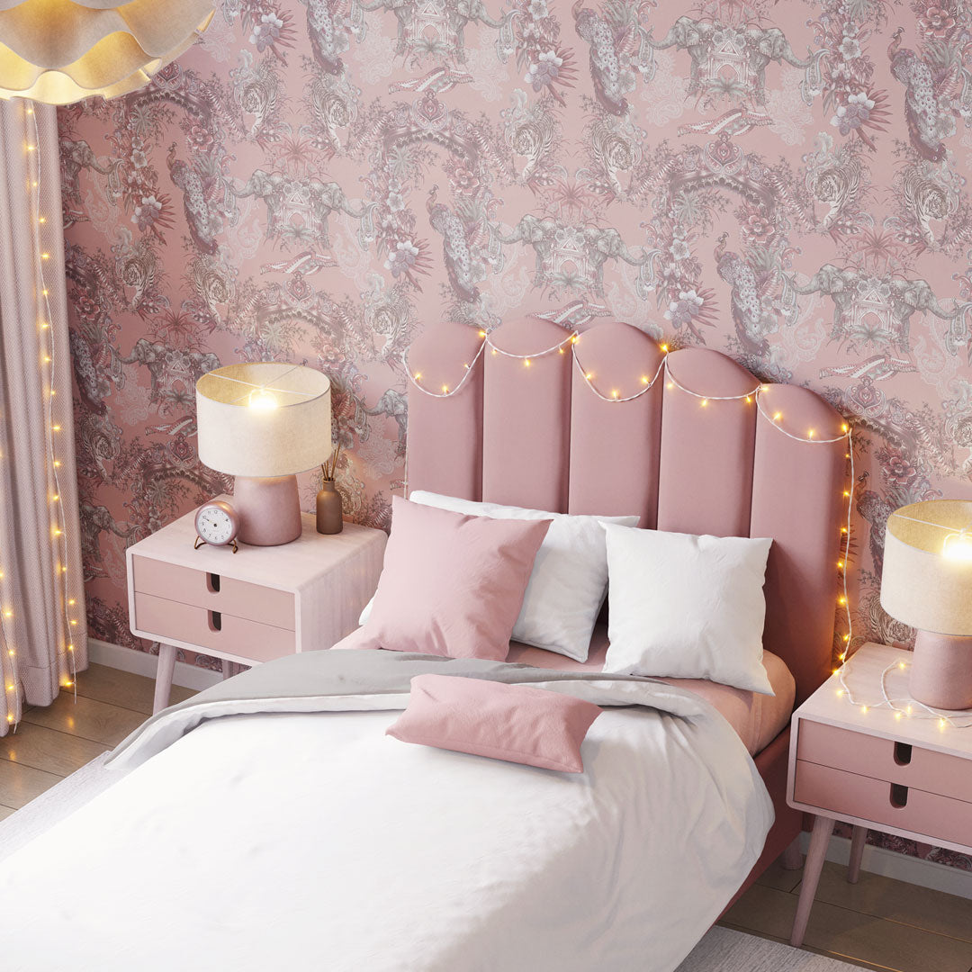 Luxury Indian Patterned Wallpaper in Blush Pink for Bedroom Interiors by Designer, Becca Who