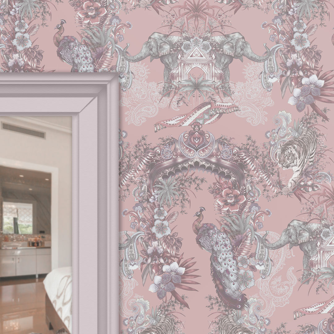 Luxury Patterned Wallpaper in Blush Pink for Bedroom Interiors featuring Indian wildlife 