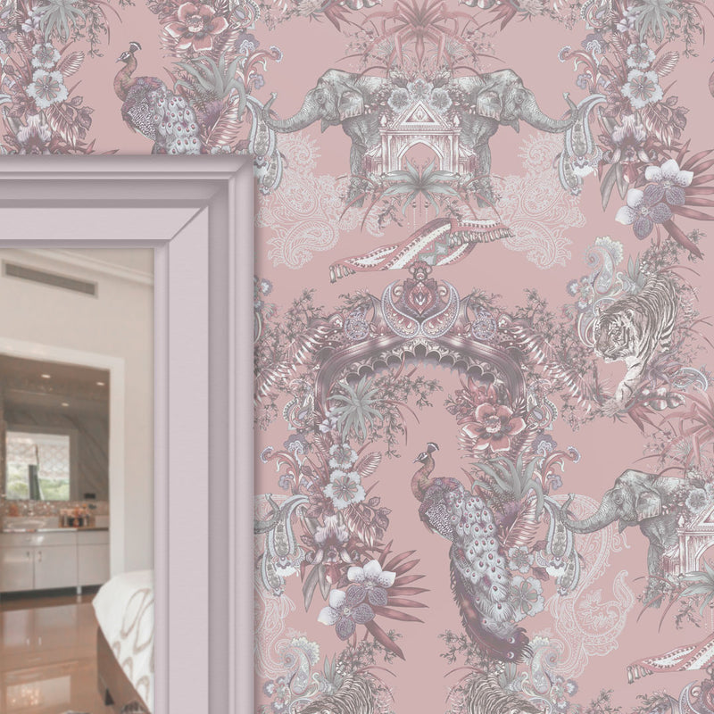 Luxury Patterned Wallpaper in Blush Pink for Bedroom Interiors featuring Indian wildlife 