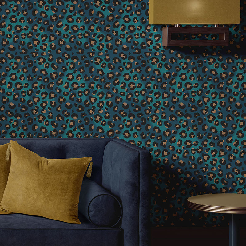 Bold Blue Leopard Print Luxury Designer Wallpaper by Becca Who