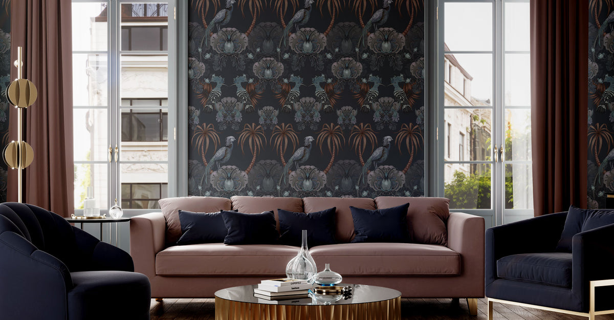 Bold feature wall wallpaper by Becca Who behind a sofa