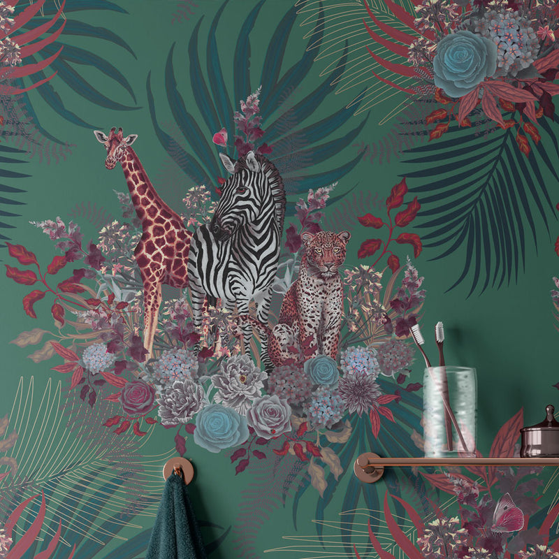 Green Jungle Print Statement Wallpaper by Becca Who