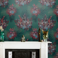 Bold Dark Green Feature Wallpaper with African Animals by Becca Who