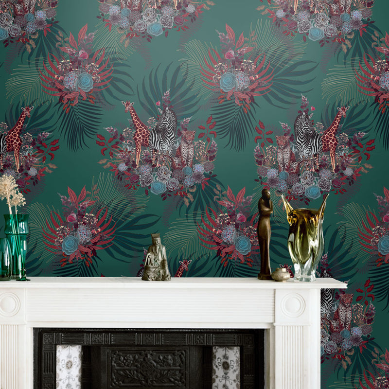 Bold Dark Green Feature Wallpaper with African Animals by Becca Who