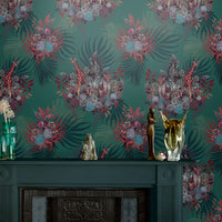 Bold Dark Green Feature Wallpaper with African Animals by Becca Who