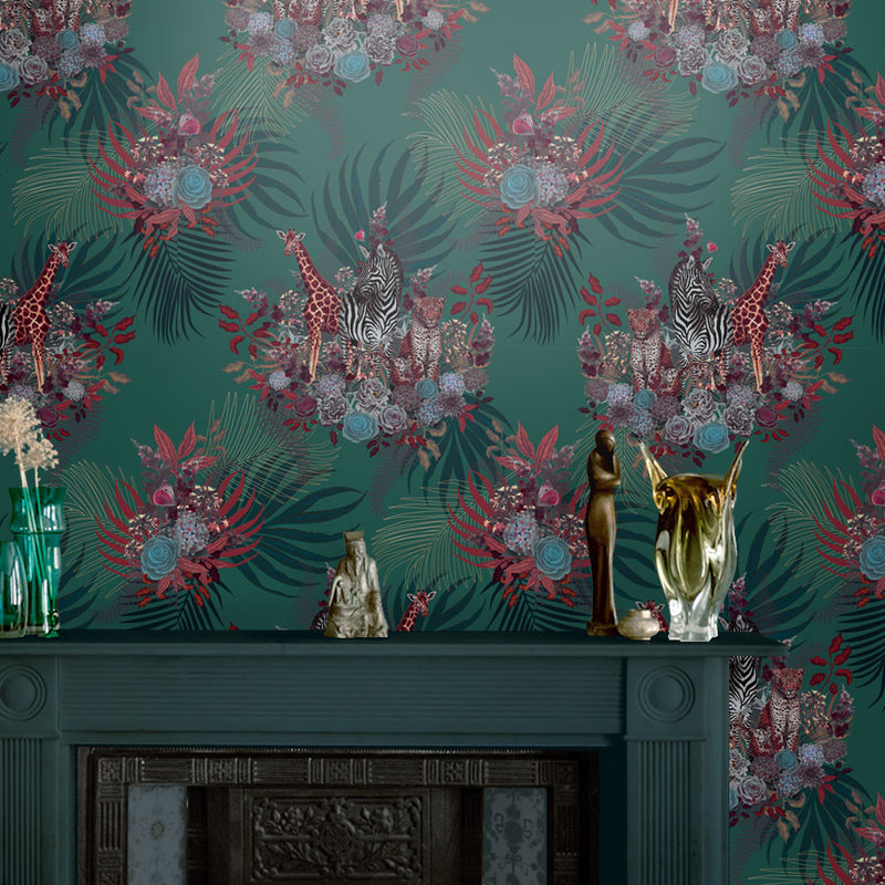 Bold Dark Green Feature Wallpaper with African Animals by Becca Who