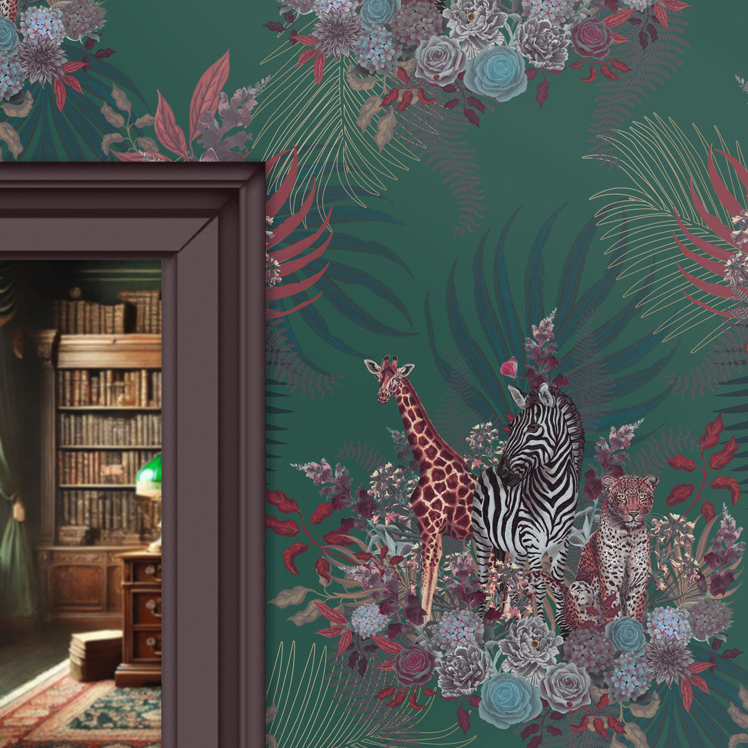 Deep Green Bold Statement Wallpaper with African Animals by Designer, Becca Who