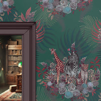 Deep Green Bold Statement Wallpaper with African Animals by Designer, Becca Who