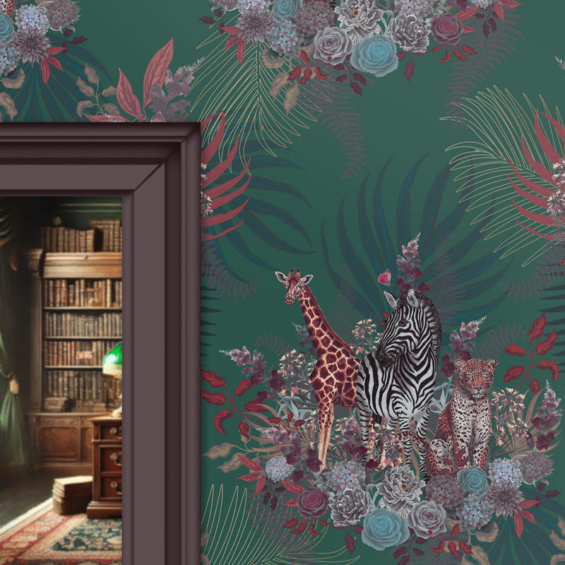 Deep Green Bold Statement Wallpaper with African Animals by Designer, Becca Who