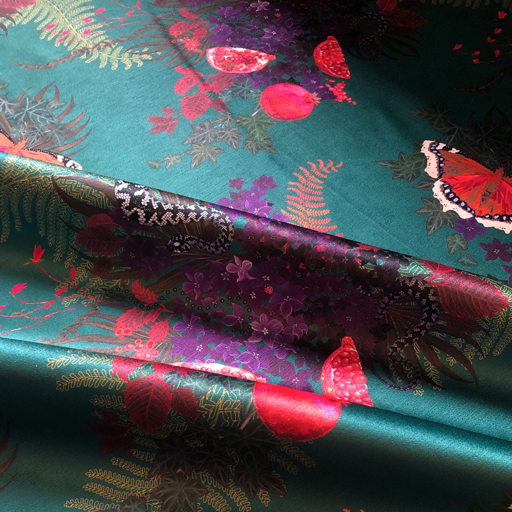 Deep Green Snakes Patterned Velvet Designer Fabric for Upholstery & Curtains by Becca Who