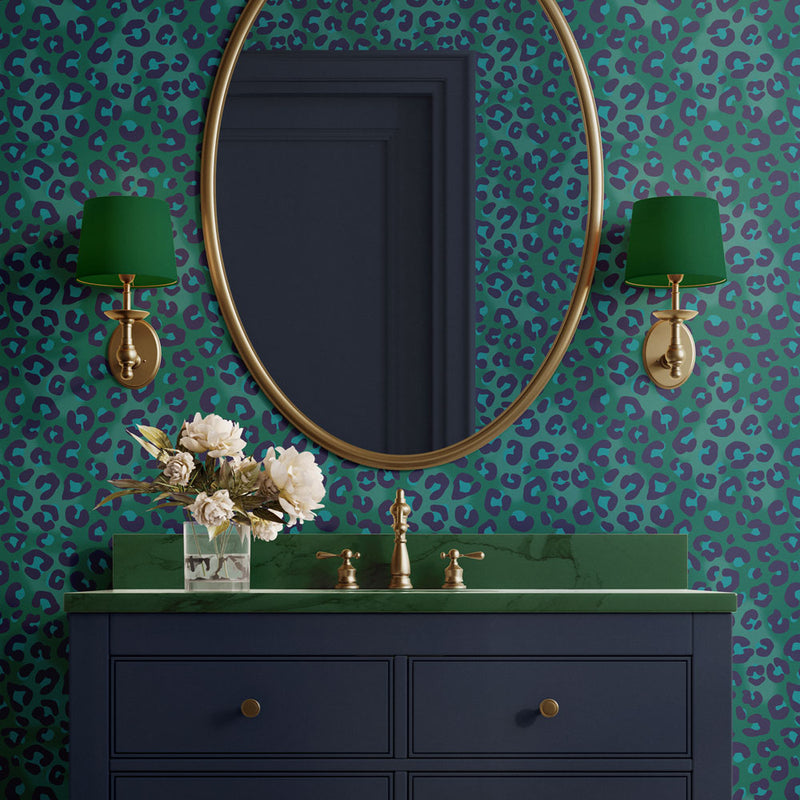 Green Leopard Print Bold Patterned Feature Wallpaper by Designer, Becca Who