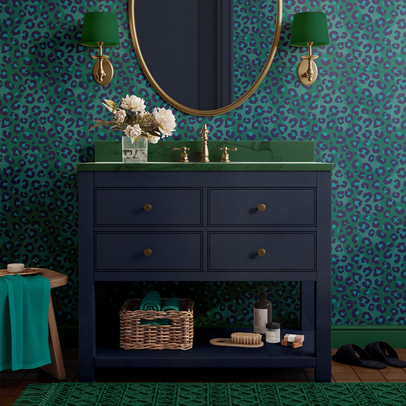 Green Leopard Print Bold Patterned Luxury Feature Wallpaper by Designer, Becca Who