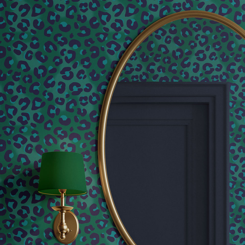 Green leopard Print Bold Patterned Wallpaper by Designer, Becca Who