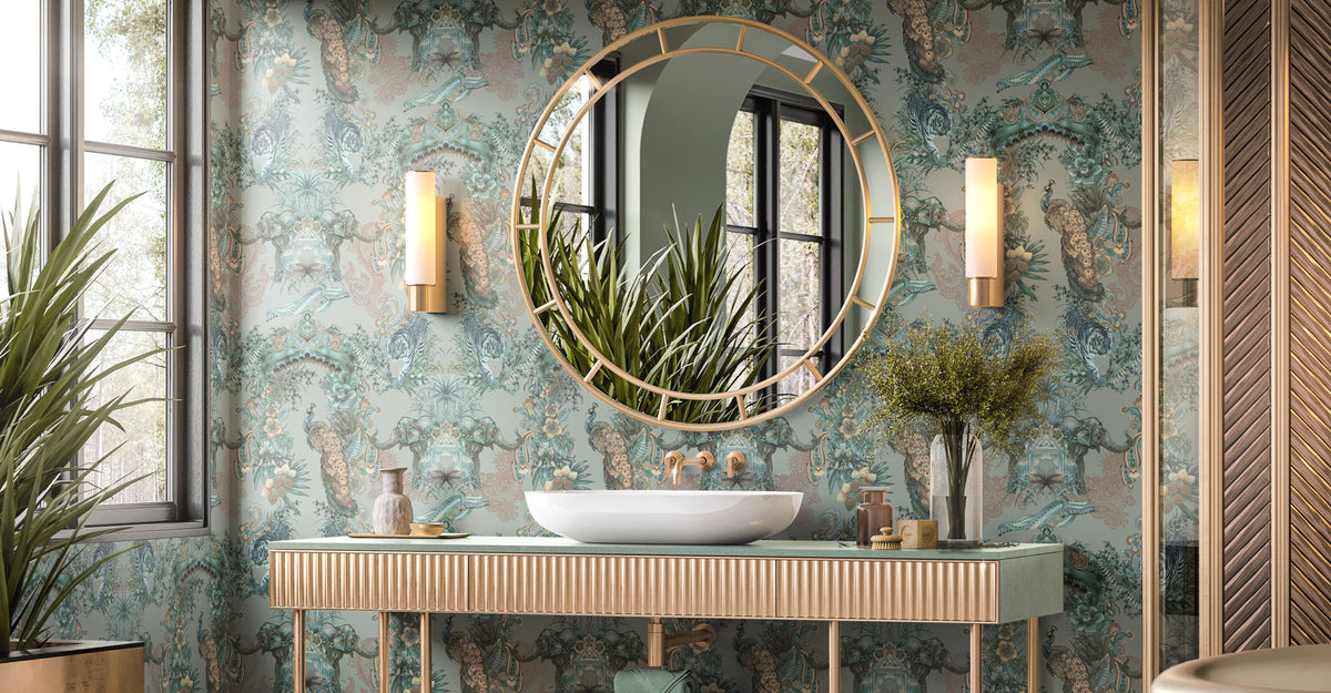 Bold patterned wallpaper by Becca Who in a bathroom