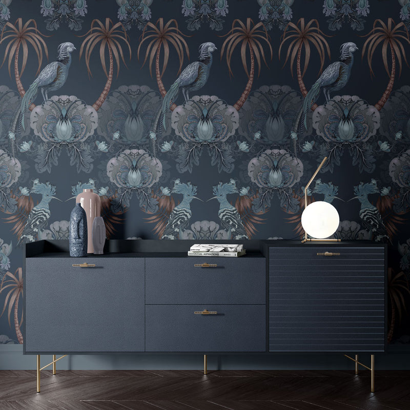 Bold Statement Wallpaper with Birds in Dark Blue for Luxury Home Decor by UK Designer, Becca Who