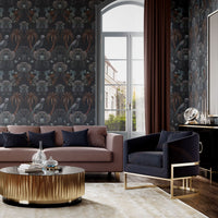 Dark Blue Bold Statement Wallpaper with Birds for Luxury Home & Commercial Decor by UK Designer, Becca Who