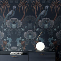 Dark Blue Bold Statement Wallpaper with Birds for Luxury Home Decor by UK Designer, Becca Who