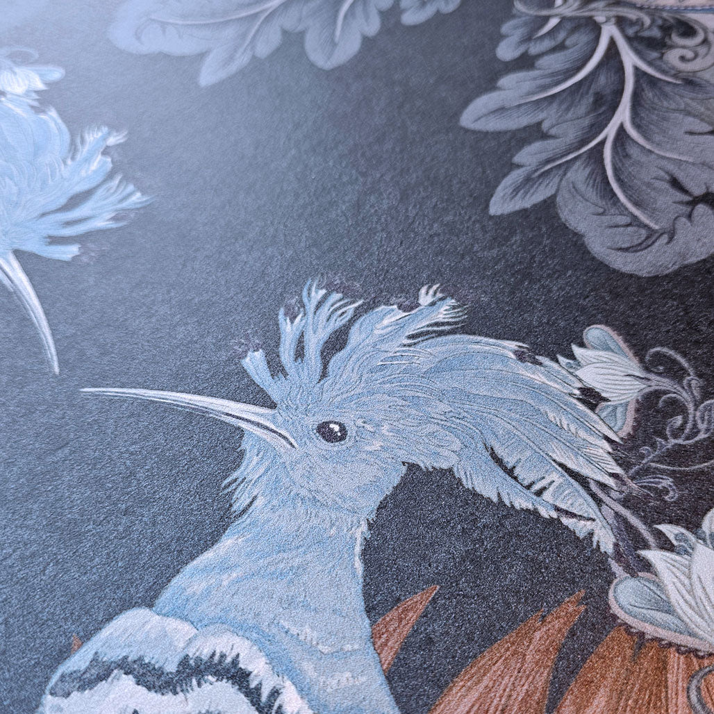 Dark Blue Bold Statement Wallpaper with Birds for Luxury Home Decor by UK Designer, Becca Who