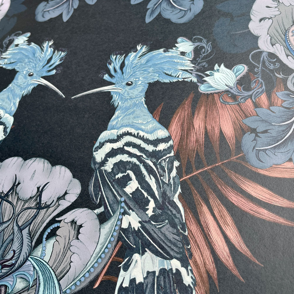 Dark Blue Statement Wallpaper with Birds by UK Designer, Becca Who