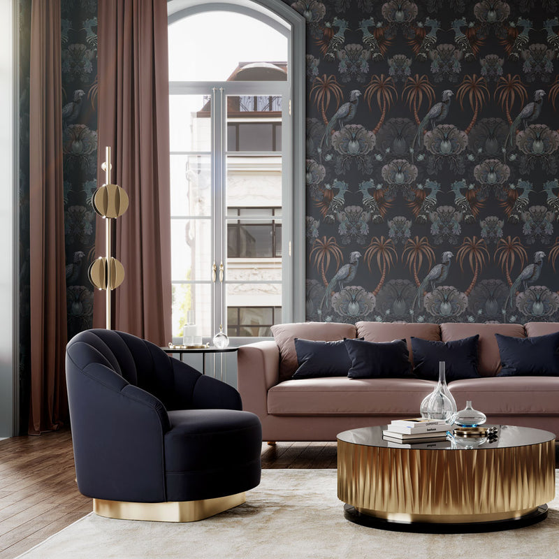 Dark Blue Bold Statement Wallpaper with Birds for Opulent Home Decor by UK Designer, Becca Who