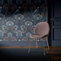 Dark Blue Bold Statement Living Room Wallpaper with Birds by UK Designer, Becca Who