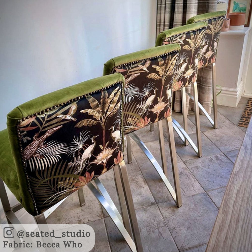 Bold Upholstery Fabric by Designer, Becca Who, on dining bar stools