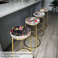 Pink & Grey Patterned Upholstery velvet by Designer, Becca Who on Bar Stools