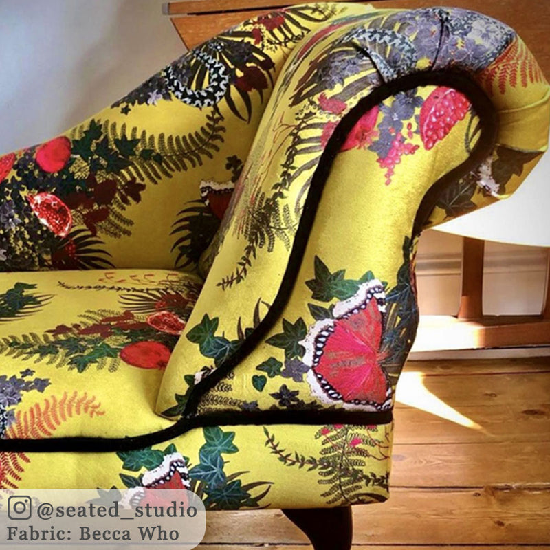 Bold Patterned Yellow Fabric by Designer, Becca Who, on Chaise Longue