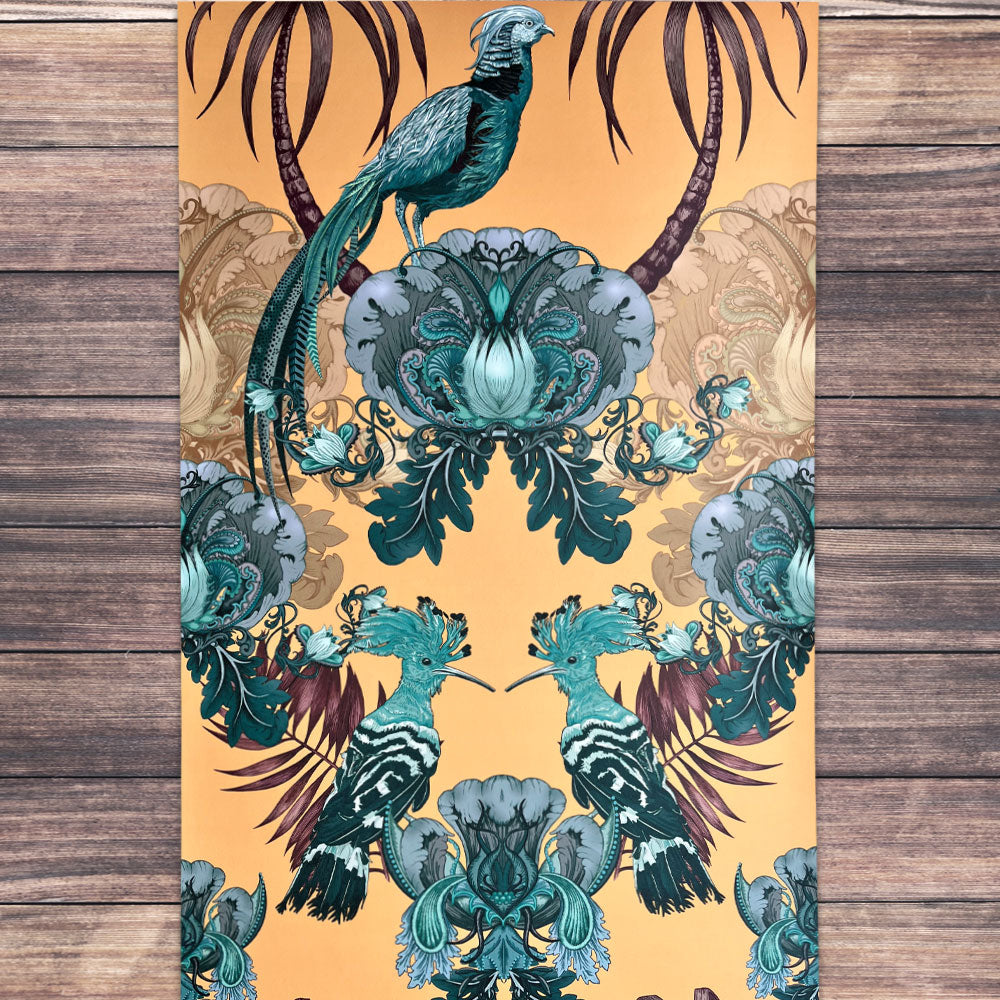Teal and Yellow Statement Wallpaper with English Birds for Bold Interiors by Designer, Becca Who