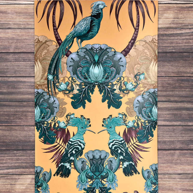 Teal and Yellow Statement Wallpaper with English Birds for Bold Interiors by Designer, Becca Who