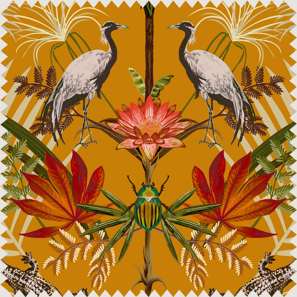 Sunny Yellow Crocodiles Patterned Velvet Fabric for Interiors by UK Designer Becca Who