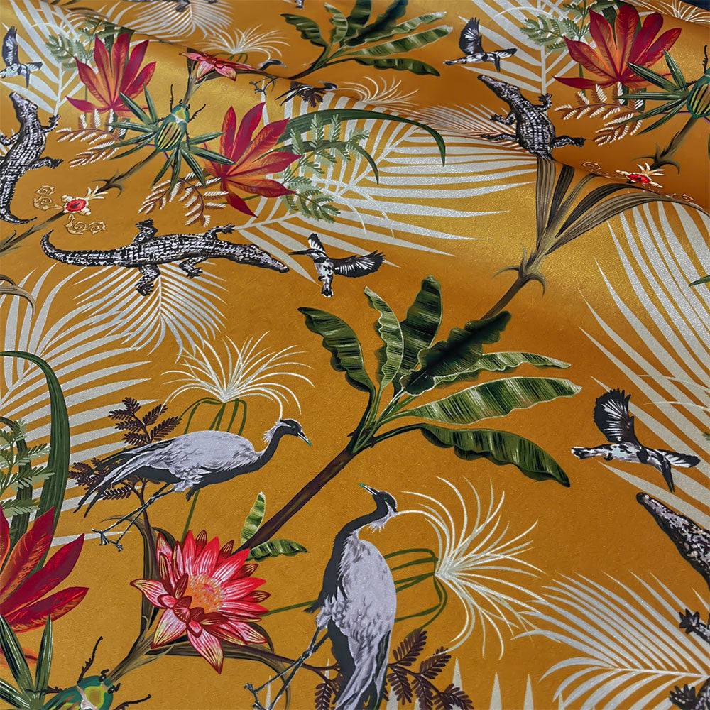 Bold Yellow Crocodiles Velvet Upholstery and Furnishing Fabric  by UK Designer Becca Who