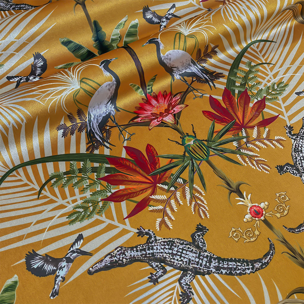 Sunny Yellow Velvet Upholstery and Furnishing Fabric with Crocodiles by UK Designer Becca Who