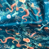 Bright Blue Ocean Patterned Velvet Fabric for Coastal Interiors by Designer, Becca Who