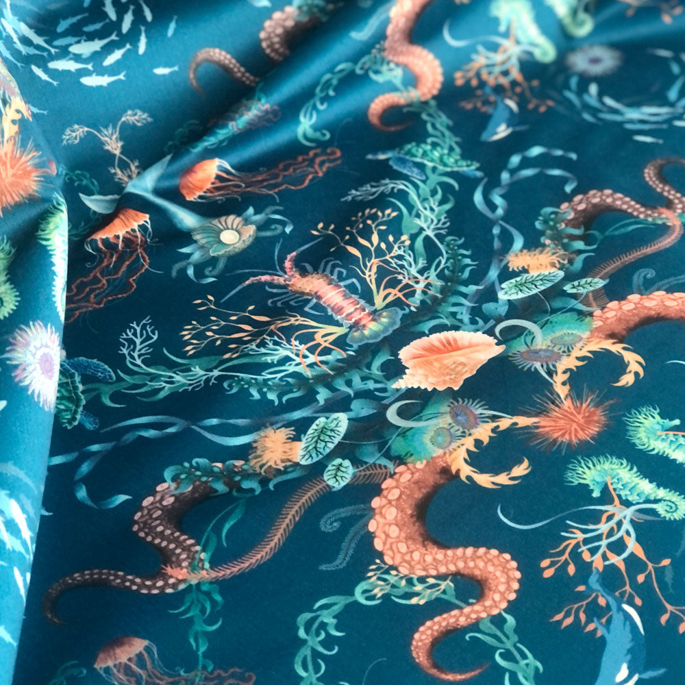Bright Blue Ocean Patterned Velvet Fabric for Upholstery by Designer, Becca Who