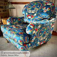 Bright Blue Patterned Colourful Upholstery fabric by Designer, Becca Who on Armchair