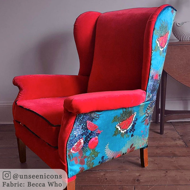 Bright Blue Patterned velvet Upholstery Fabric by Designer, Becca Who, on Armchair