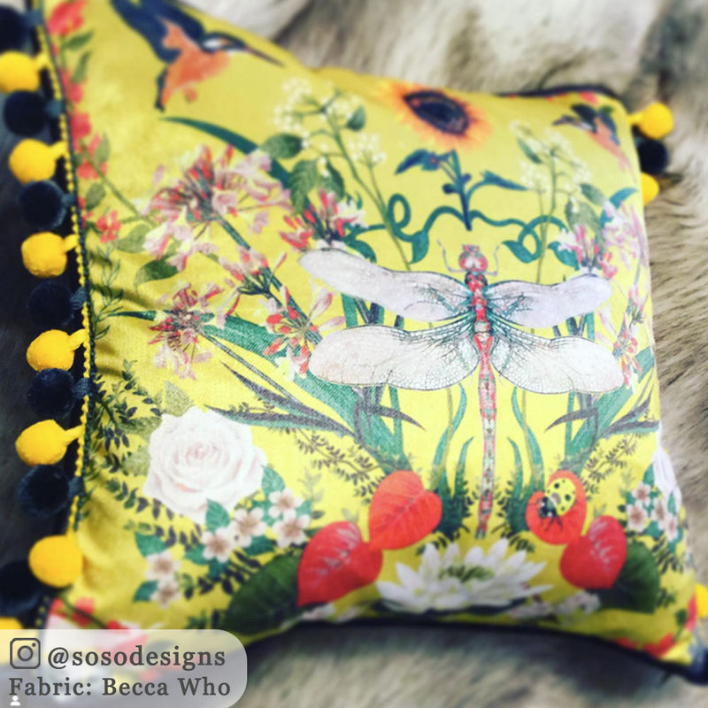 Bright Lemon Yellow Dragonfly Fabric by Designer, Becca Who, on Cushion