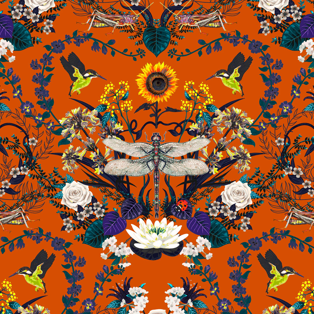 Bright Orange Colourful Dragonfly Floral Pattern Fabric Design by Becca Who