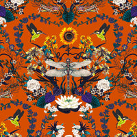 Bright Orange Colourful Dragonfly Floral Pattern Fabric Design by Becca Who