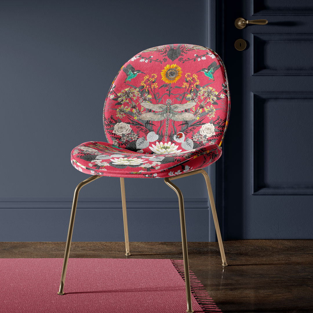 Bright Pink Colourful Upholstery Fabric with Floral Dragonfly Design on Chair