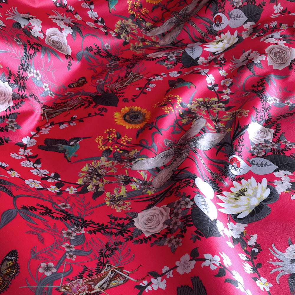 Bright Pink Colourful Patterned Velvet Fabric for Interiors by Becca Who