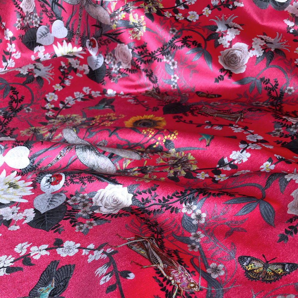 Bright Pink Colourful Patterned Velvet Fabric for Statement Interiors by Becca Who