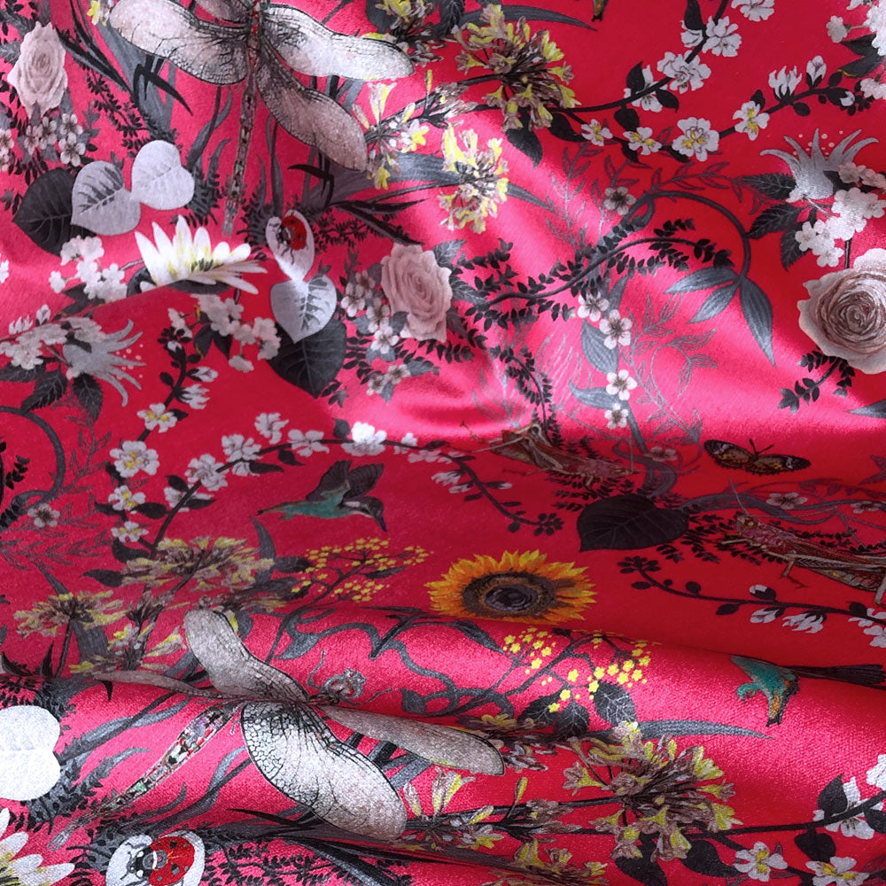 Bright Pink Colourful Patterned Velvet Fabric for Upholstery and Curtains by Becca Who