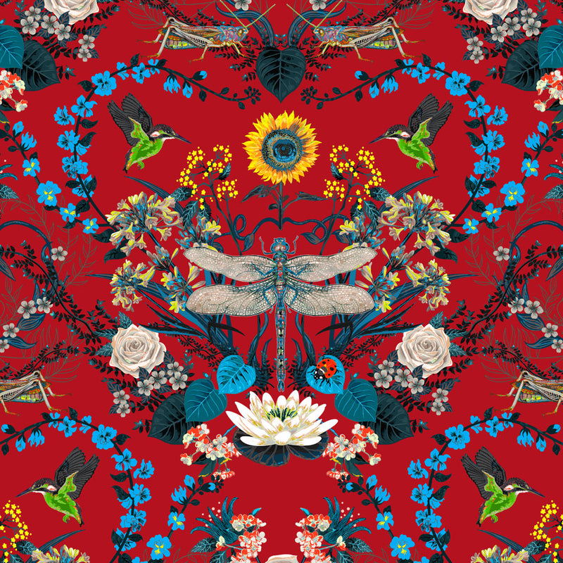 Bright Red Dragonfly Floral Pattern Fabric Design by Becca Who