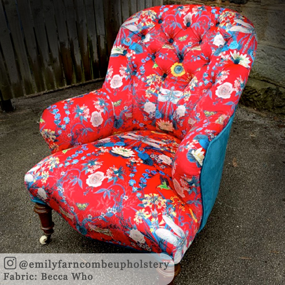 Bright Red Patterned Velvet Fabric by Designer, Becca Who, upholstery on chair